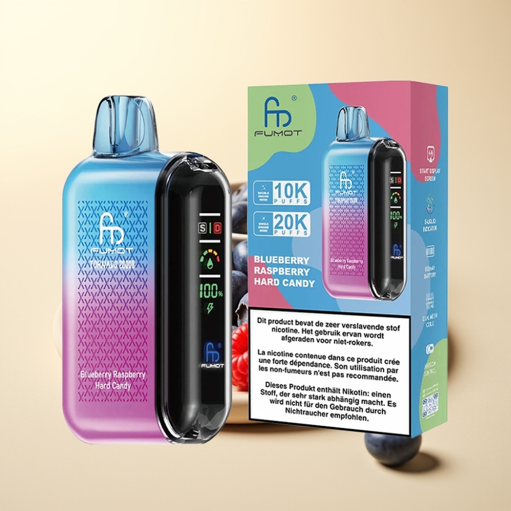 Fumot Tornado 20000 Puffs Dual Mesh Coil Smart Display Afineza Ajustabilă Aroma Zmeură Coacăză Acrișoară