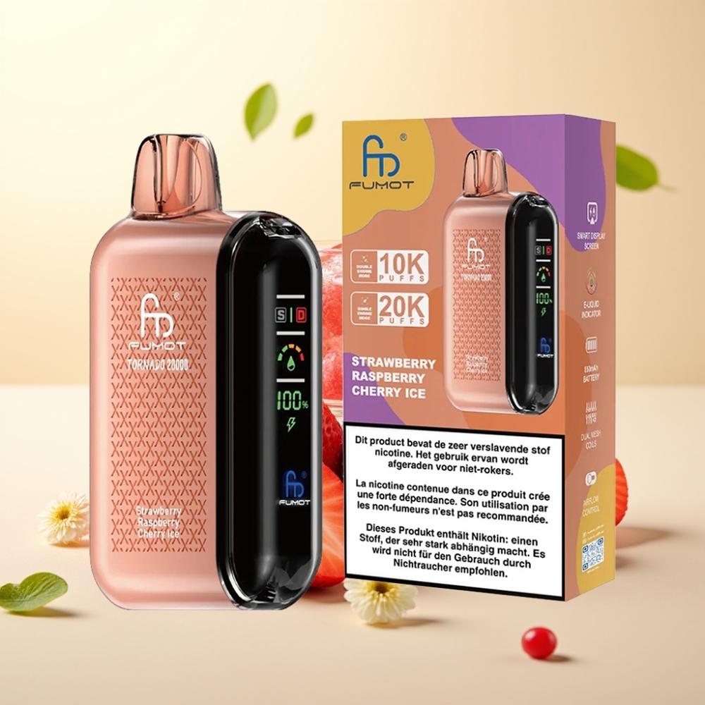 Fumot Tornado 20000 Puffs Dual Mesh Coil Smart Display Capsuni Zmeură Cireșă Ice