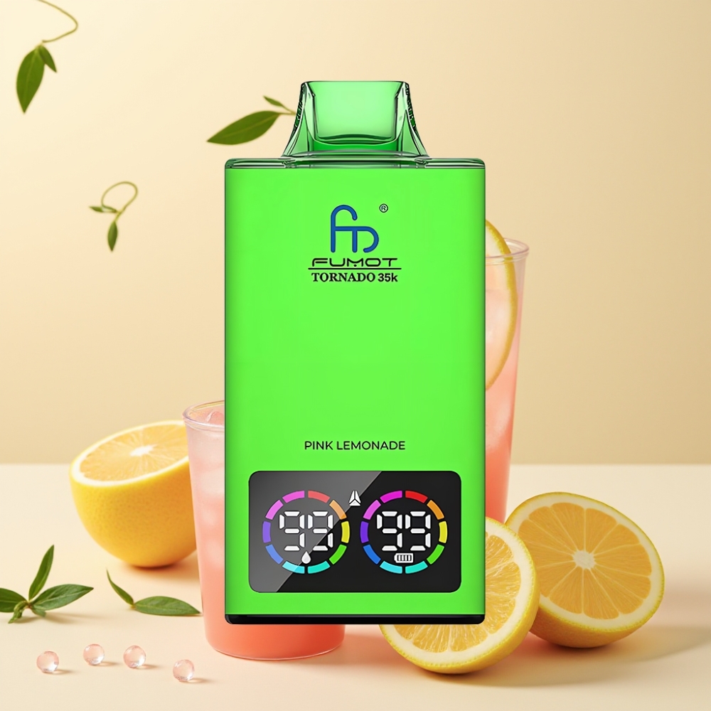 Fumot Tornado 35K Disposable Vape cu Lămâie Roză, Dual Mesh Coil, RGB Lights, USB-C