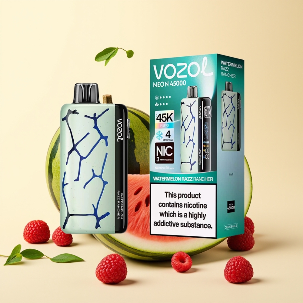 Vozol Neon 45K 45000 Pufuri Disposable Vape Pepene Razz Rancher cu Gheață Reglabilă și Airflow